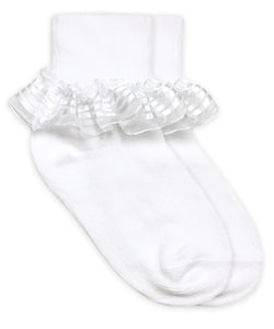 Stripe Lace Turn Cuff Socks - WHITE