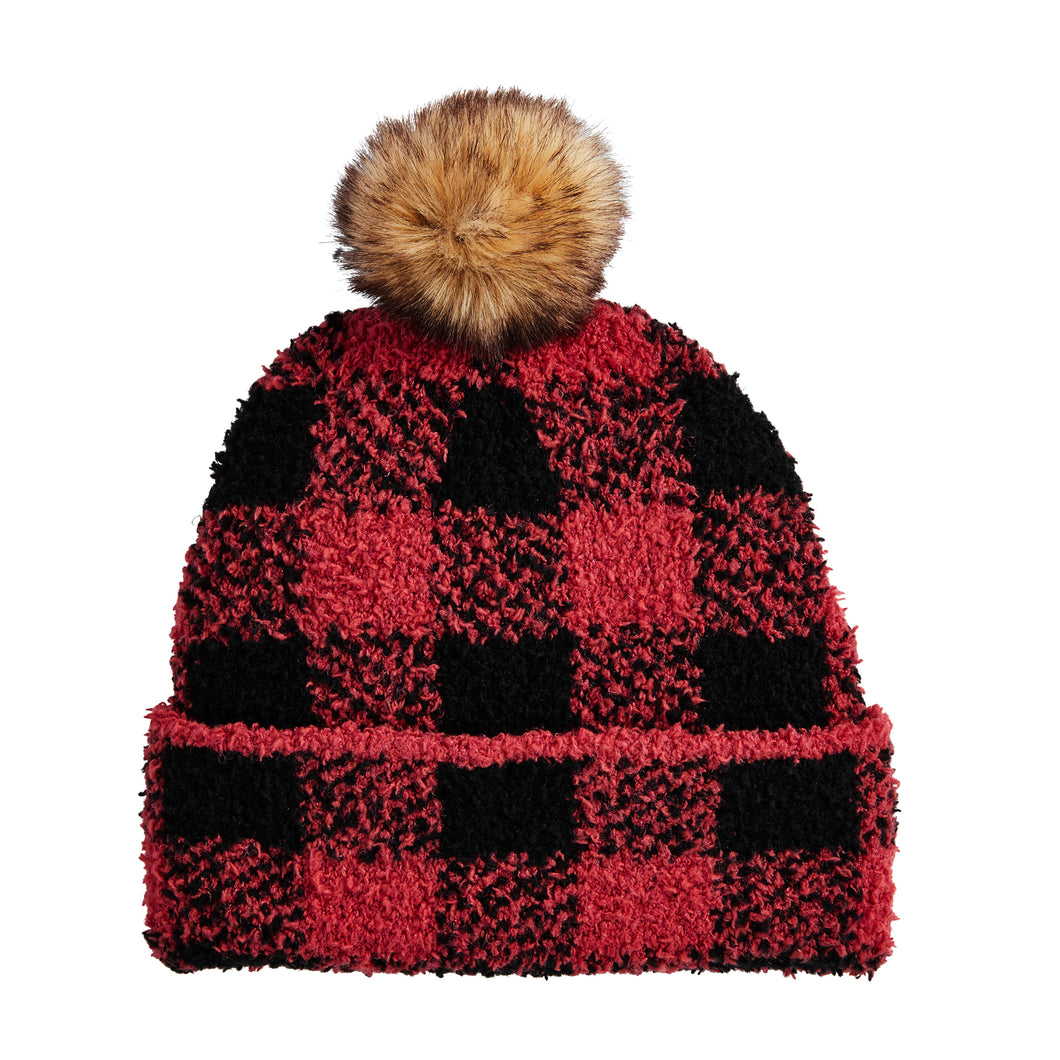CHENILLE BEANIE RED CHECK